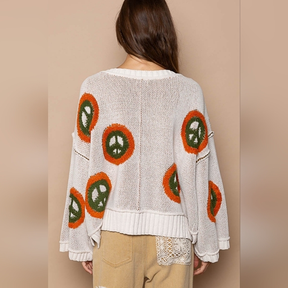POL V Neck Long Sleeve Peace Pattern Sweater - Picture 4 of 5